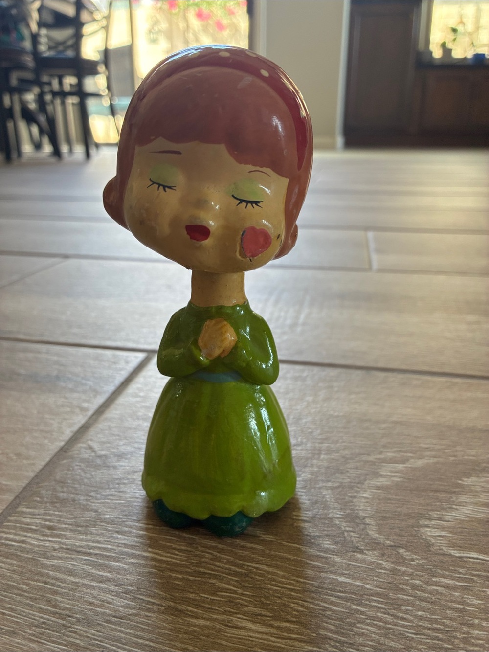 Vintage Ceramic Bobblehead in Green and Pink